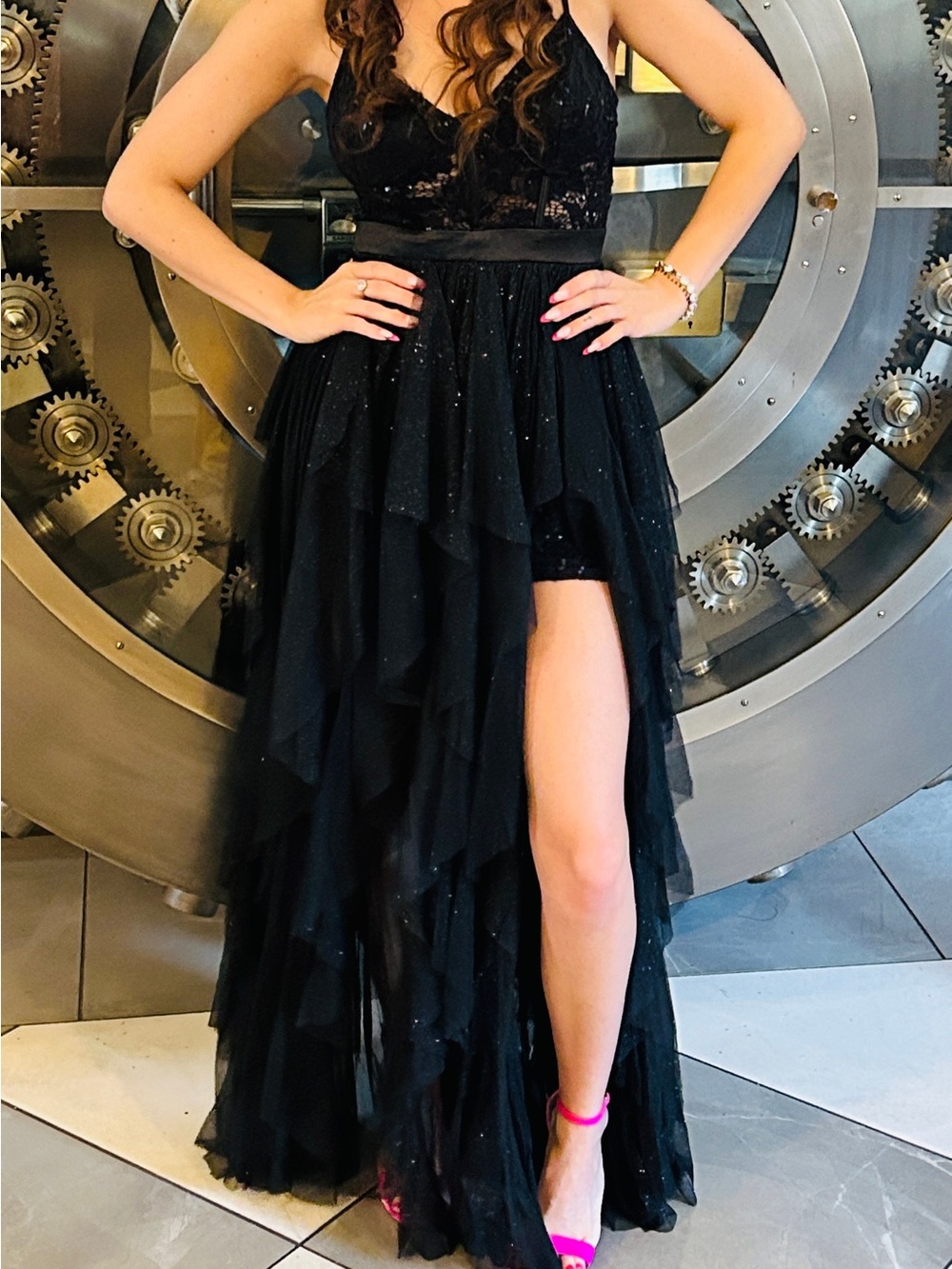 Windsor Black Asymmetrical Layered Ruffle Tulle Dress - Picture 5 of 5